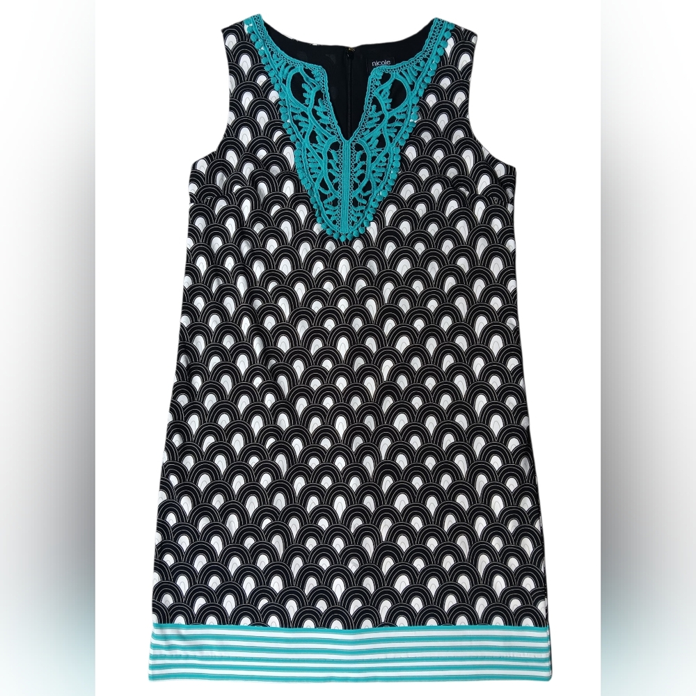 Nicole by Nicole Miller Black, White, and Light Blue Dress with Teal Lace